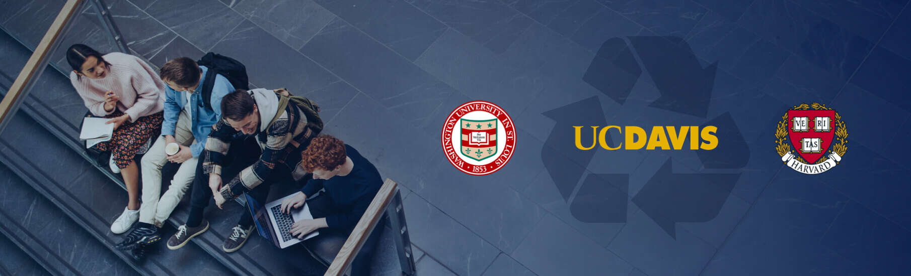 washington-university-of-st-louis-logo-next-to-uc-davis-logo-"recycle"-symbol-which-is-then-next-to-harvard-logo.-these-logos-are-over-a-photo-of-four-students-sitting-on-the-strong-steps-of-a-building-doing-homework-and-talking.