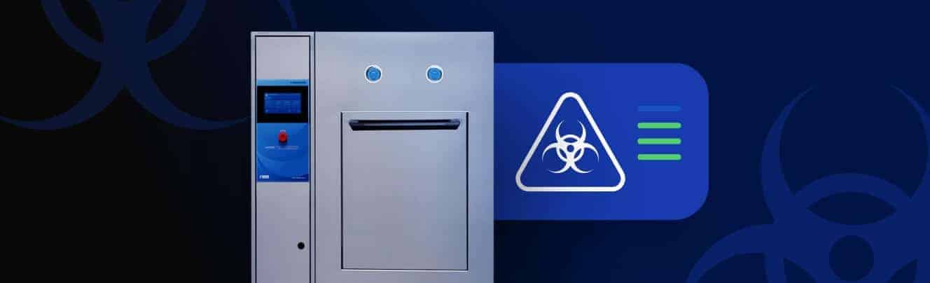 A stylized image of a laboratory biosafety cabinet with a control panel, next to a digital biohazard warning symbol indicating a containment level. The dark blue background suggests a scientific or medical setting, focusing on safety and contamination prevention
