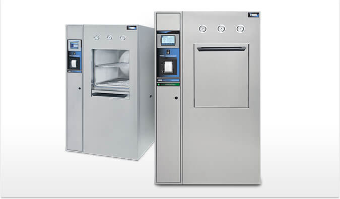 Two modern steam sterilizer autoclaves with a stainless steel finish on a white background. The one on the left has its door open, displaying the interior shelves, while the one on the right is closed, both featuring control panels with digital displays, indicative of medical or laboratory equipment for sterilizing tools and instruments.