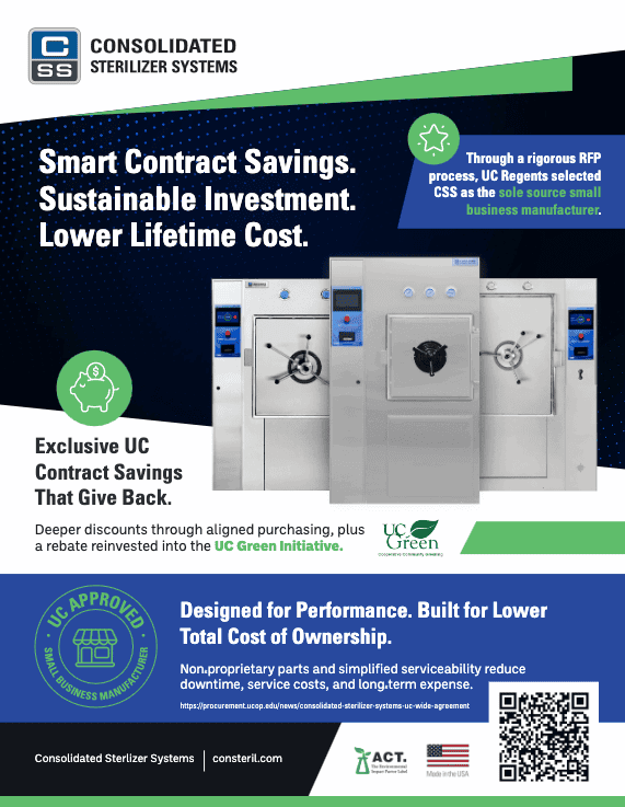 Consolidated Sterilizer Systems promotional flyer highlighting smart contract savings.